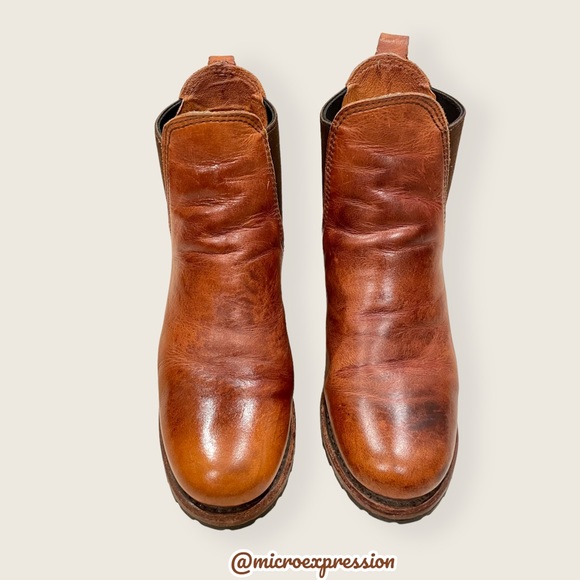 Frye Sabrina Chelsea Cognac Genuine Leather Pull On Stretch Heeled Ankle Booties - Picture 10 of 16